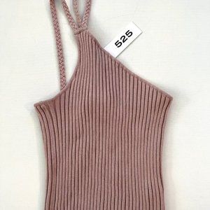 525  America Braided One Shoulder Rib Tank Beige